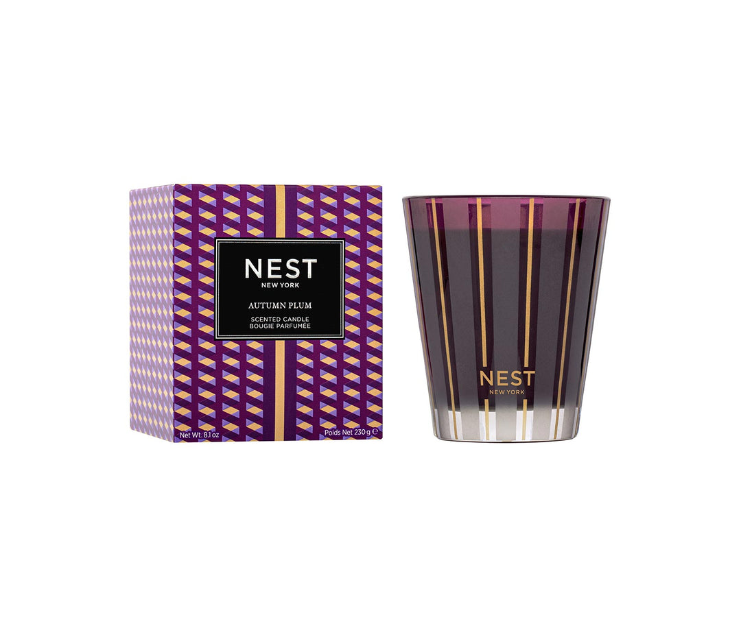 NEST New York Autumn Plum Classic Candle 8.1oz in purple glass with gold stripes and matching box