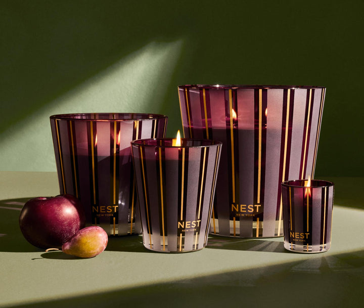 NEST New York Autumn Plum candles in four sizes with purple and gold striped vessels