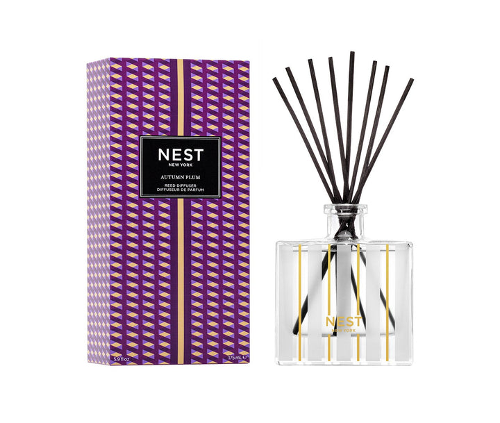 NEST New York Autumn Plum Reed Diffuser 5.9 oz with purple geometric box and clear glass bottle