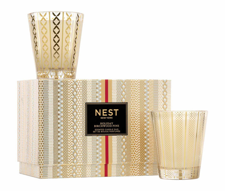 NEST New York Holiday Birchwood Pine Scented Candle Duo Set in gold patterned glass vessels with decorative gift box