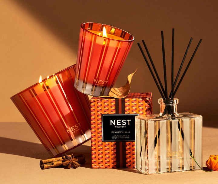 NEST New York Pumpkin Chai classic candles and reed diffuser with warm autumn styling