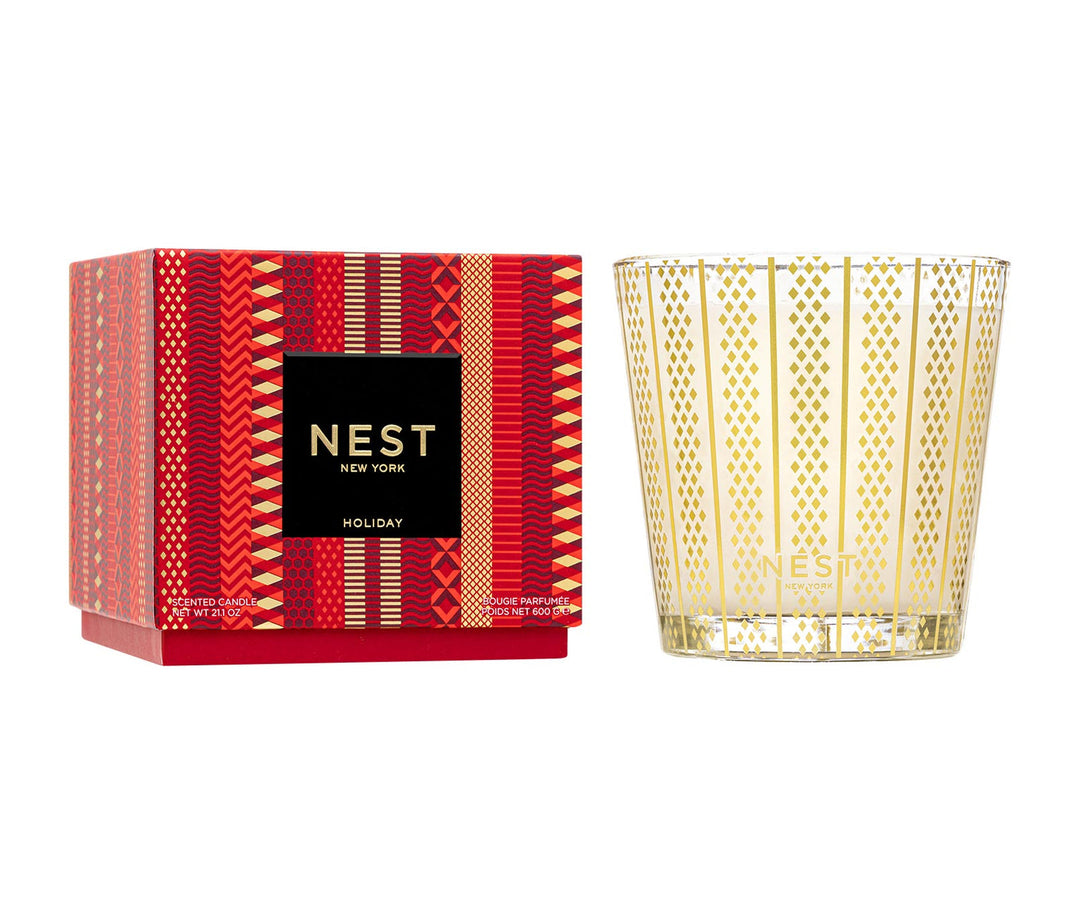 NEST New York Holiday 3-Wick Candle 21.1oz with red patterned gift box and gold geometric glass vessel