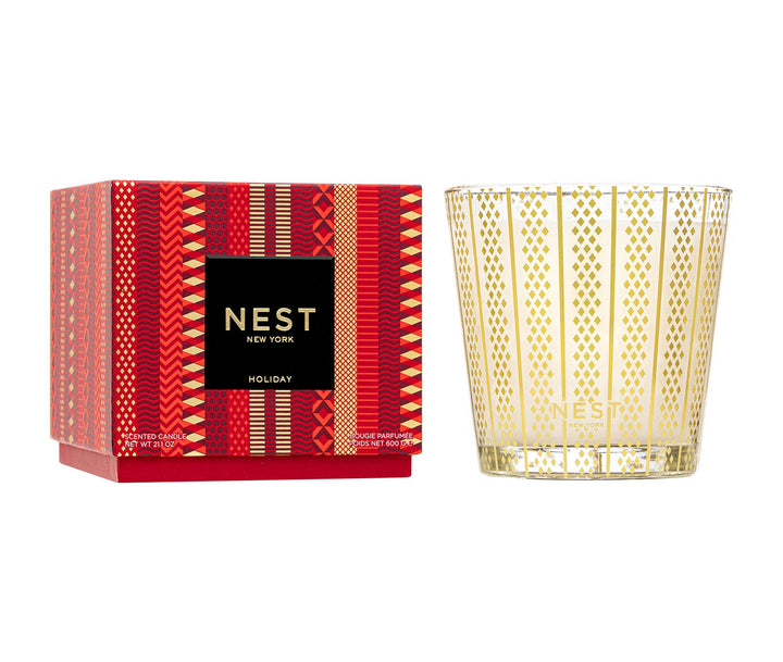 NEST New York Holiday 3-Wick Candle 21.1oz with red patterned gift box and gold geometric glass vessel