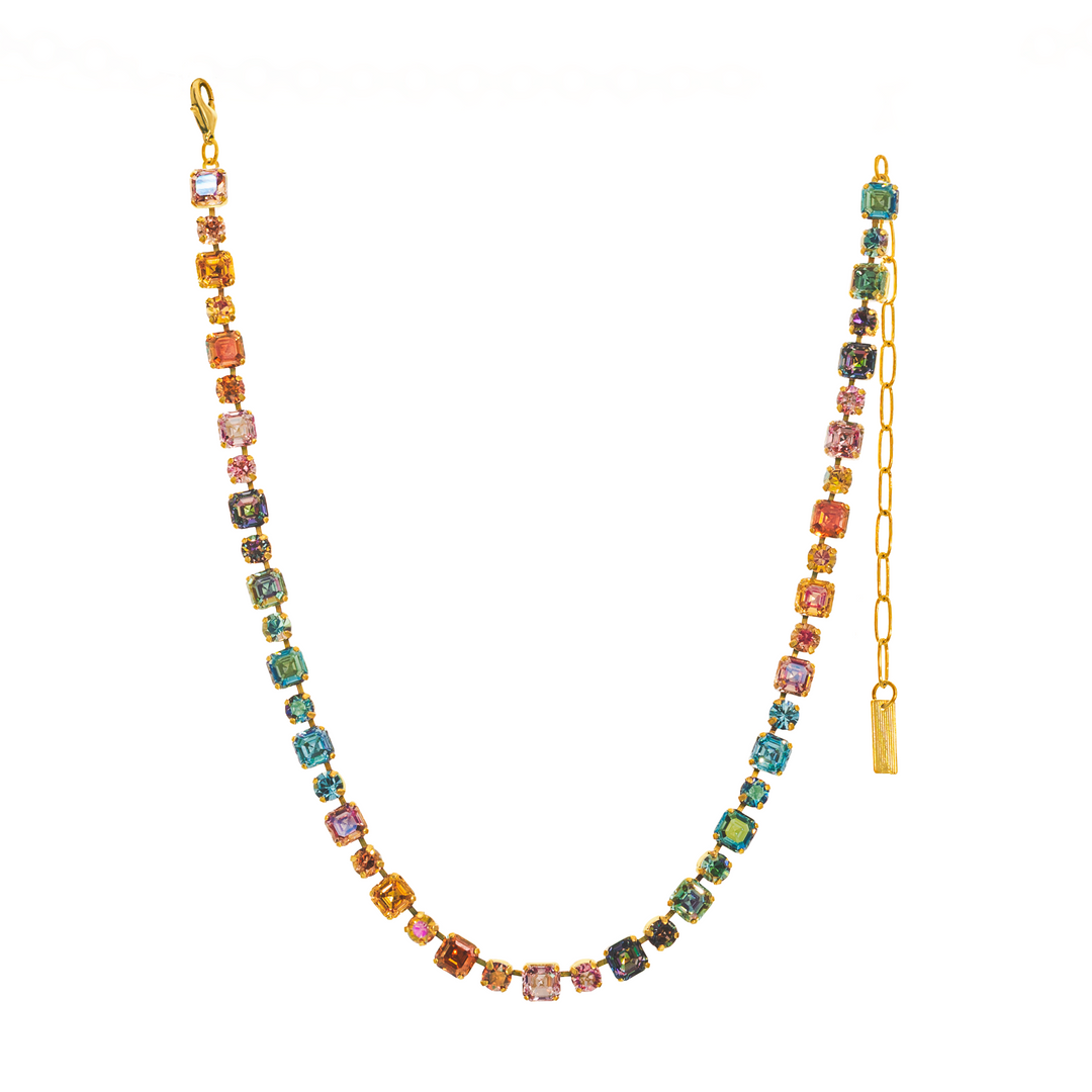 Tova Poppy necklace featuring colorful square-cut gemstones in pastel candy crush pattern