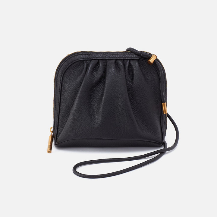 Hobo Isabelle black leather crossbody bag with gold zipper hardware and strap