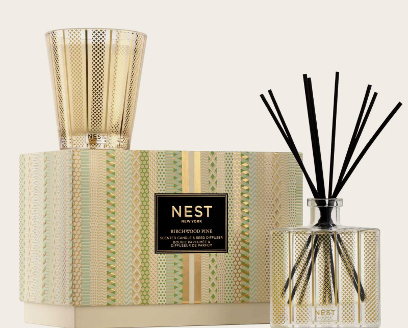 Nest New York Birchwood Pine Classic Candle and Reed Diffuser Set with decorative gold and green patterned gift box