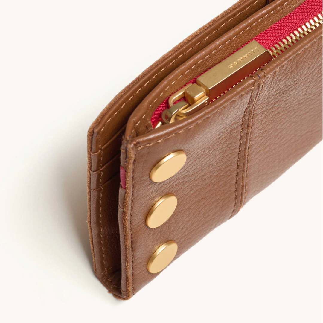 Hammitt 110 North wallet in mahogany pebble leather with gold studs and red zipper detail