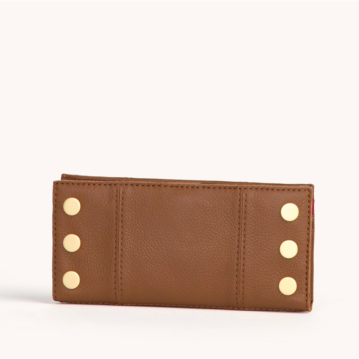 Hammitt 110 North wallet in mahogany pebble leather with gold studs, back view