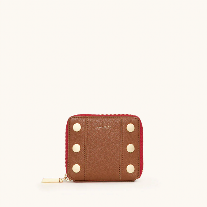 Hammitt 5 North wallet in mahogany pebble leather with gold studs and red zip