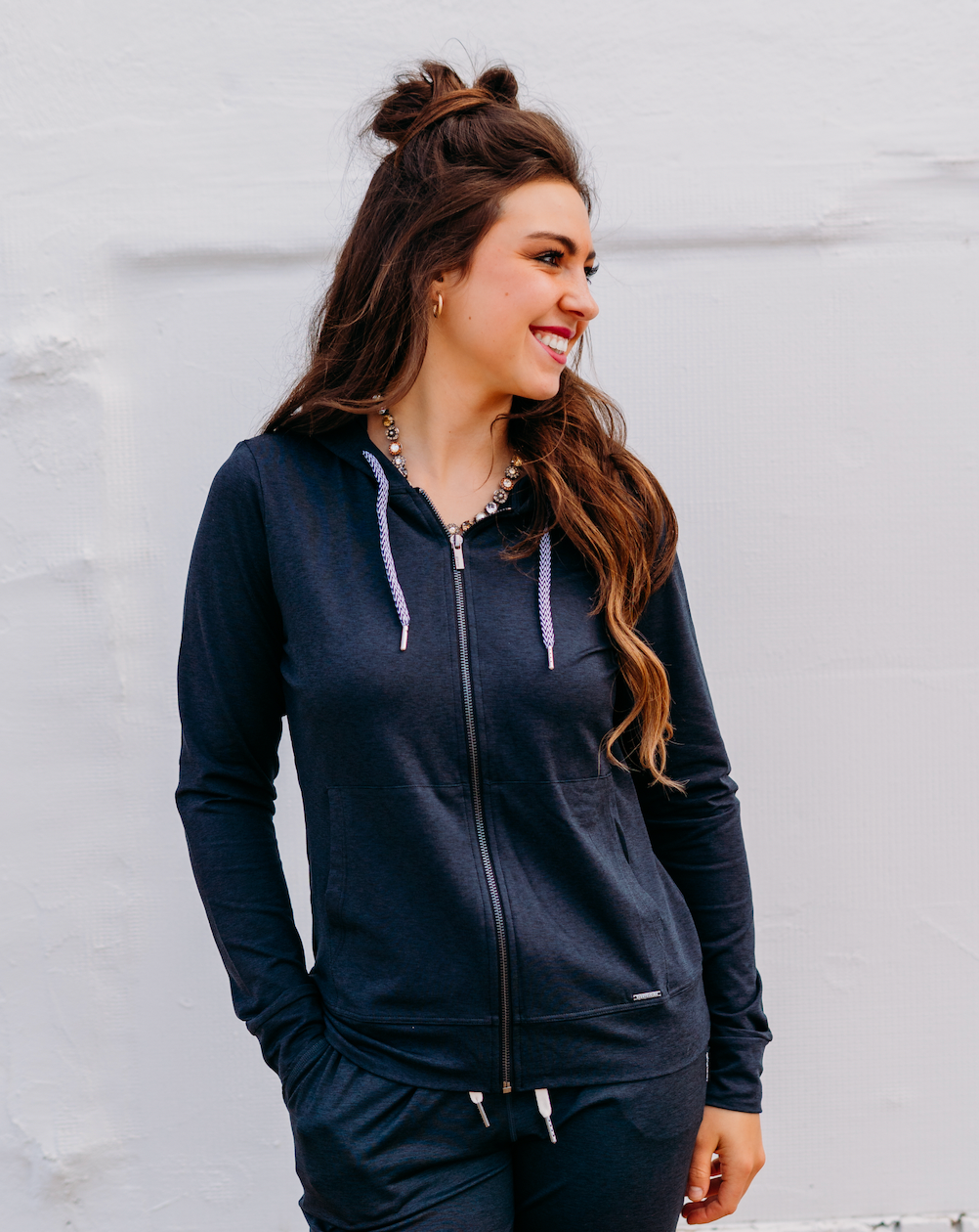 Glyder: On the Go Black Marble Zip Up Hoodie With grey and Black Strings - The Vogue Boutique