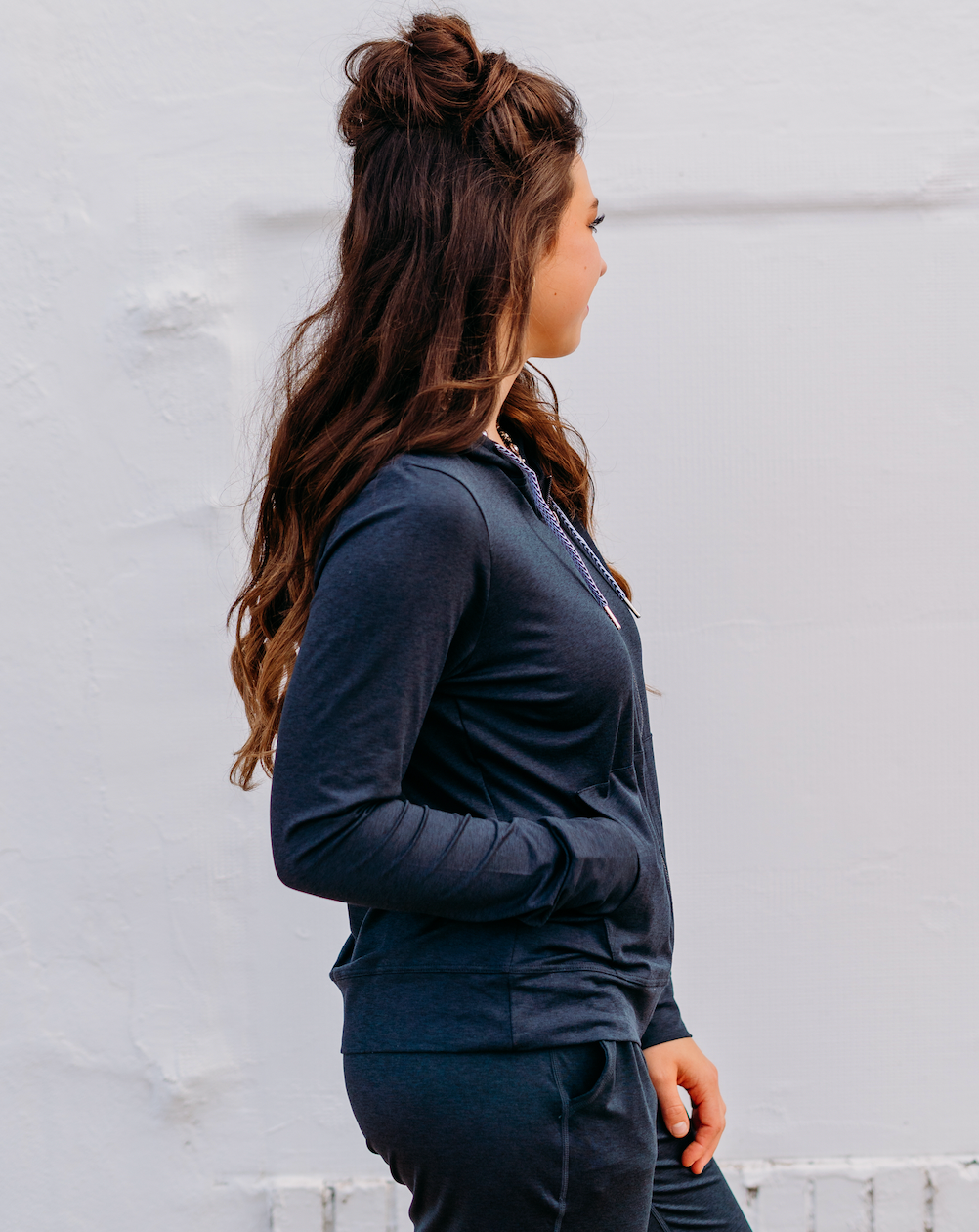 Glyder: On the Go Black Marble Zip Up Hoodie With grey and Black Strings - The Vogue Boutique
