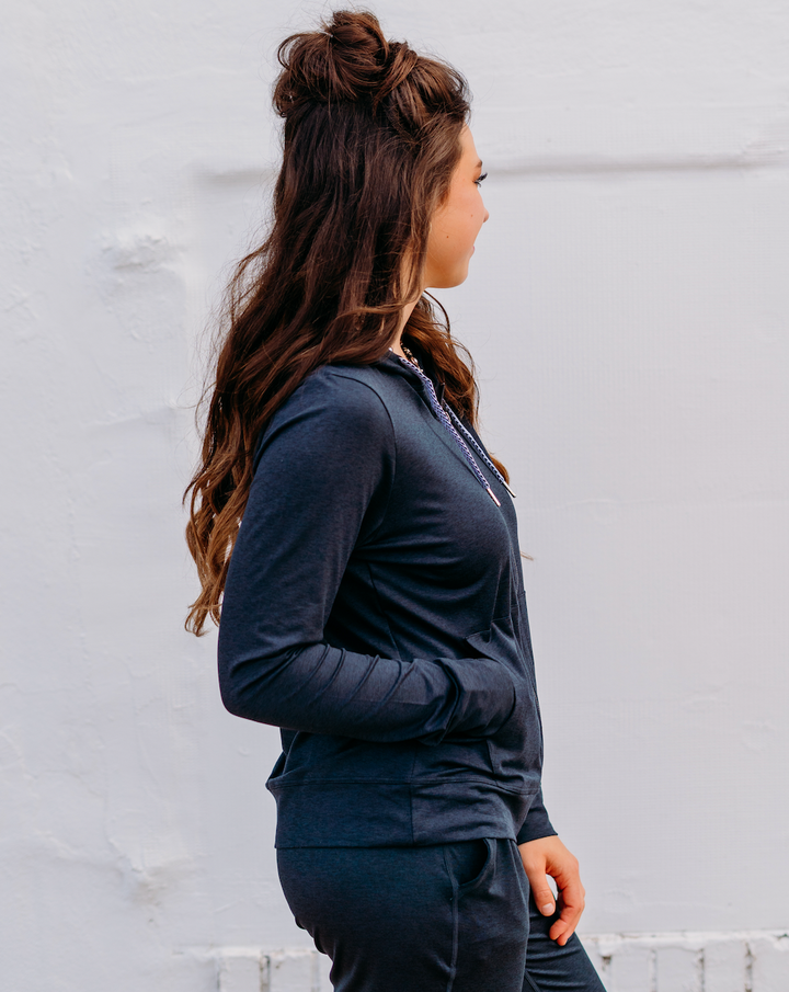 Glyder: On the Go Black Marble Zip Up Hoodie With grey and Black Strings - The Vogue Boutique