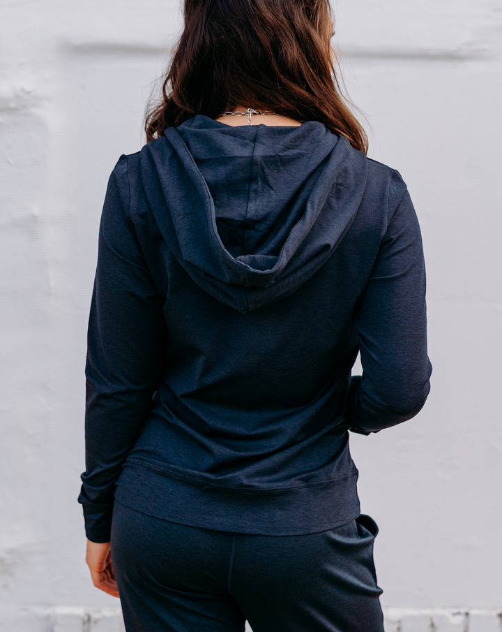 Glyder: On the Go Black Marble Zip Up Hoodie With grey and Black Strings - The Vogue Boutique