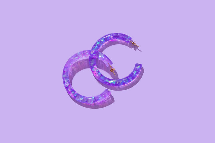 Taylor Elliott Designs: Confetti Hoops in Purple/Iridescent (E-74)