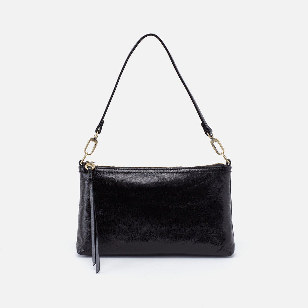 Black leather shoulder bag with gold hardware and adjustable strap
