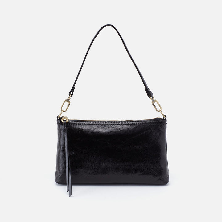 Black leather shoulder bag with gold hardware and adjustable strap