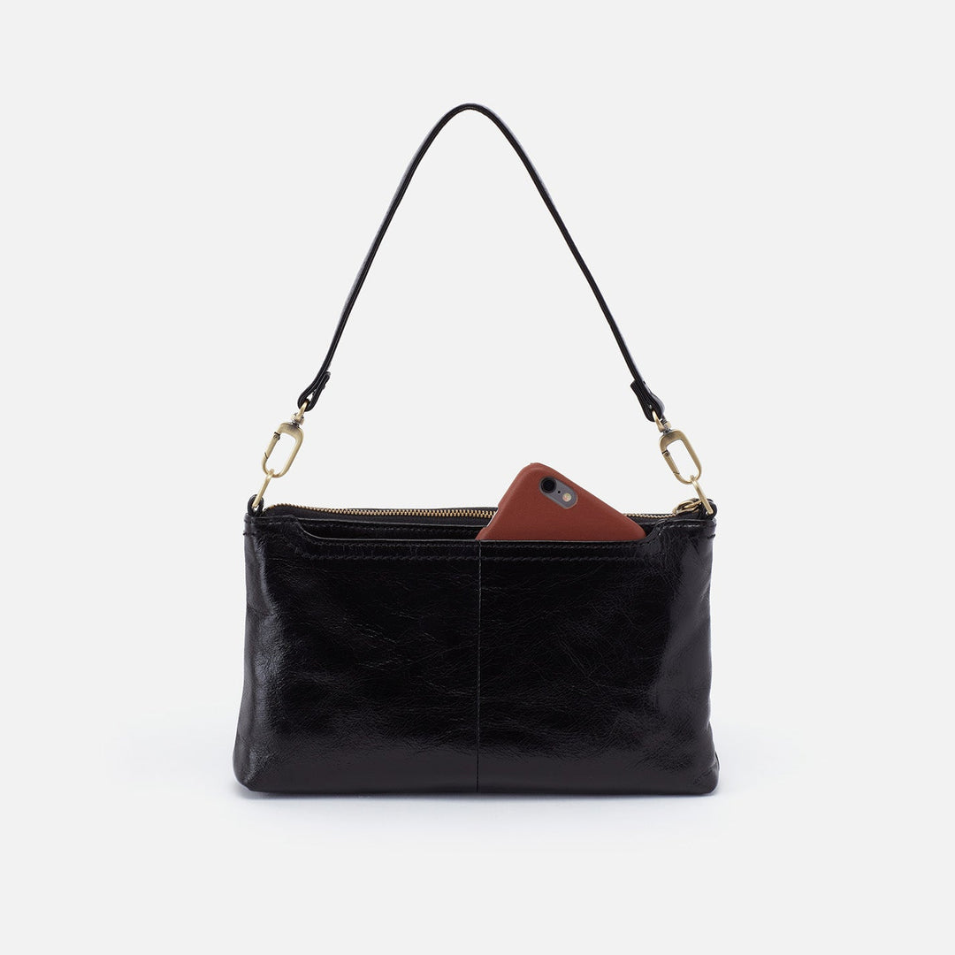 Black leather Hobo Darcy shoulder bag with phone in exterior pocket