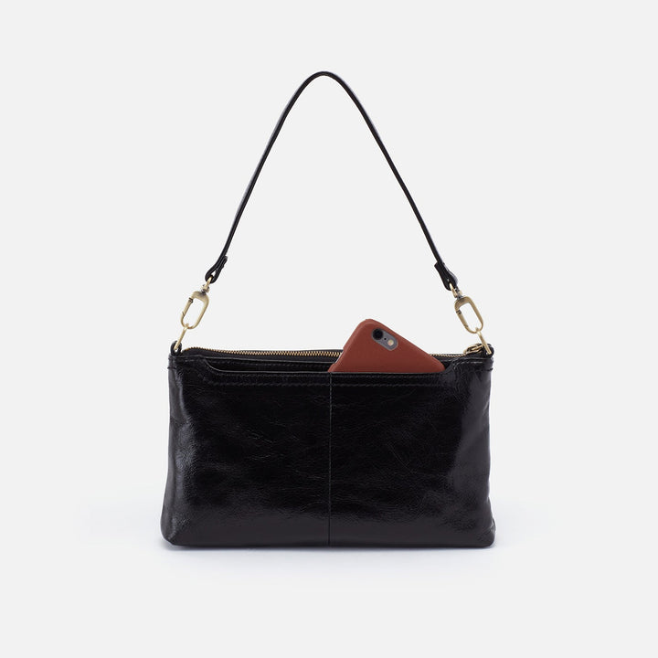 Black leather Hobo Darcy shoulder bag with phone in exterior pocket