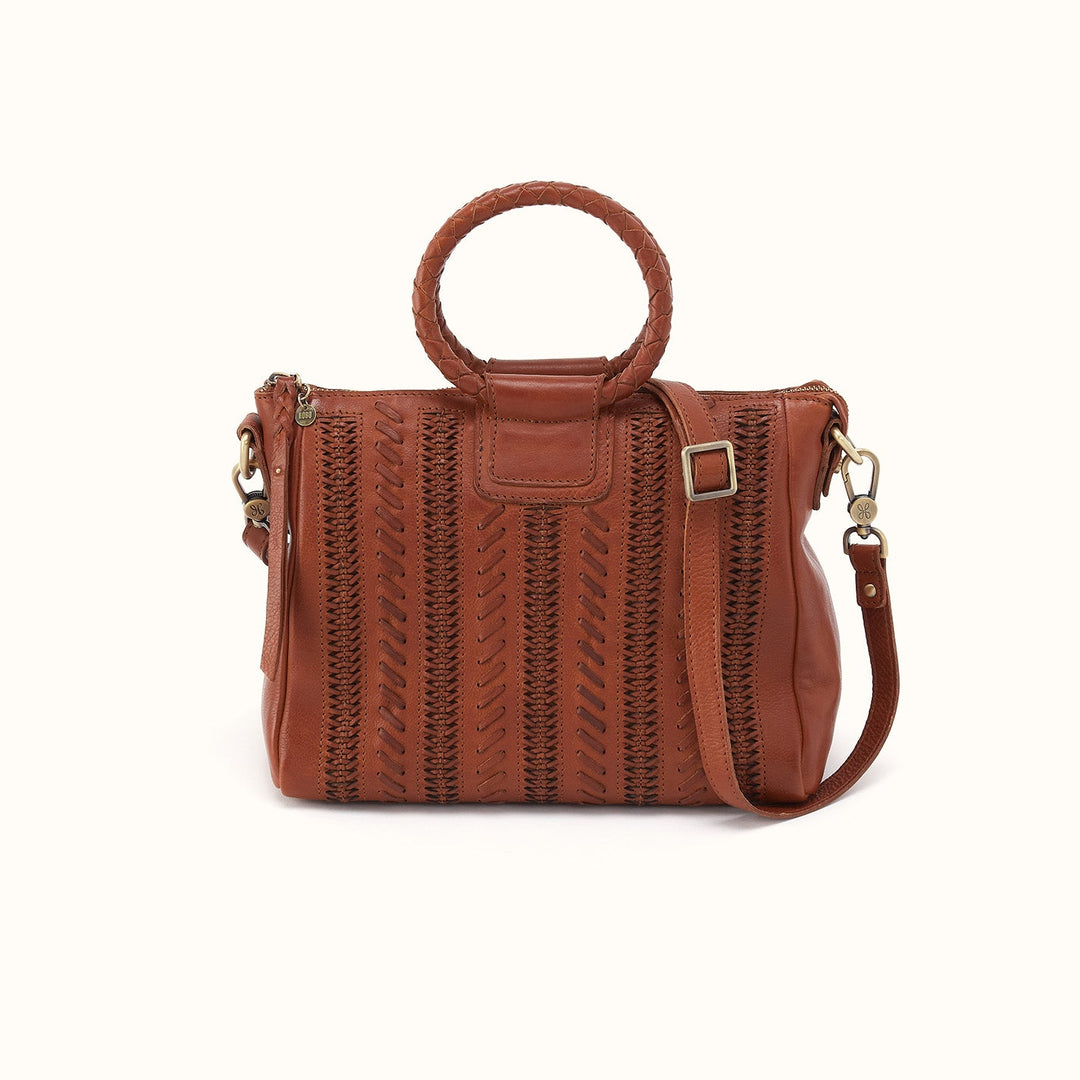 Hobo Sheila Medium satchel in Kindling Brown with woven leather detailing and circular handle