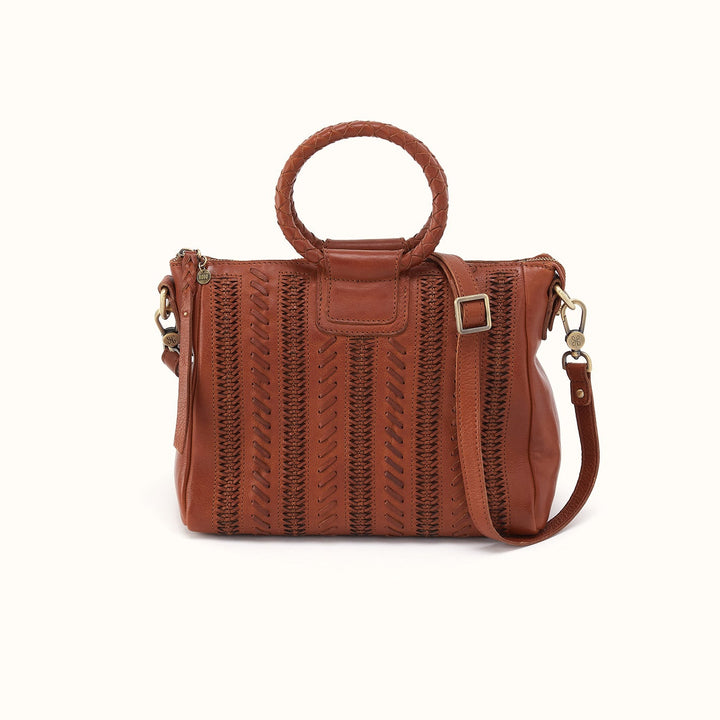 Hobo Sheila Medium satchel in Kindling Brown with woven leather detailing and circular handle