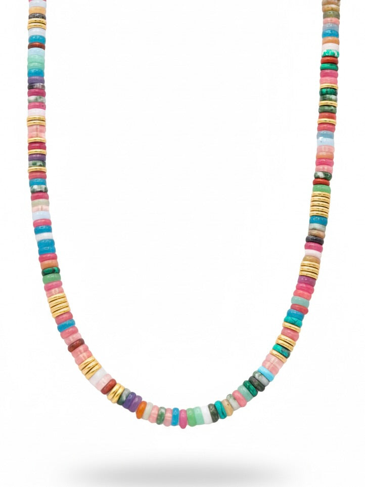 Farrah B VIBE necklace featuring multicolor gemstone beads with gold disc accents