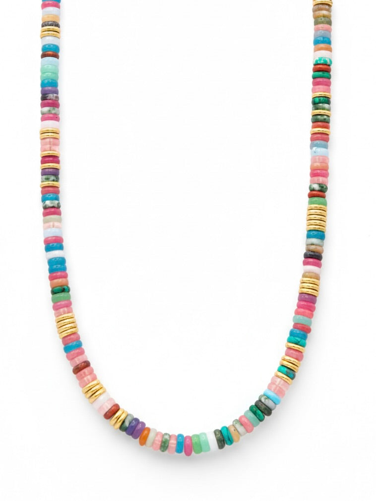 Farrah b VIBE Necklace featuring multicolored disc beads with gold accent spacers on white background