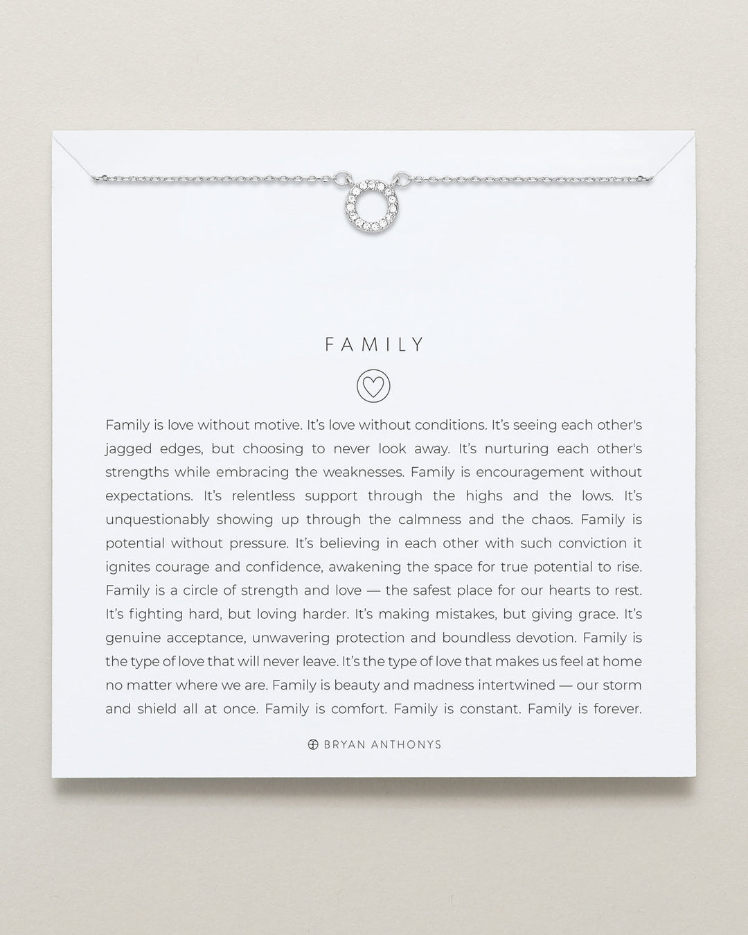 Bryan Anthony Family necklace with crystal circle pendant and inspirational family quote card
