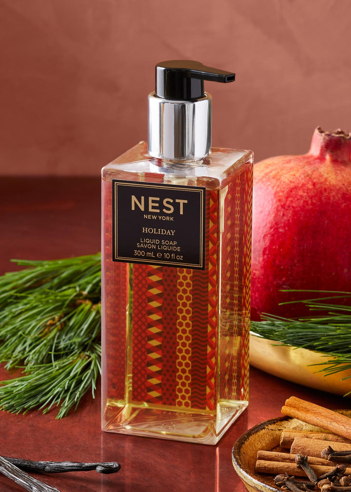 NEST New York Holiday Liquid Soap 300mL in festive red and gold patterned bottle