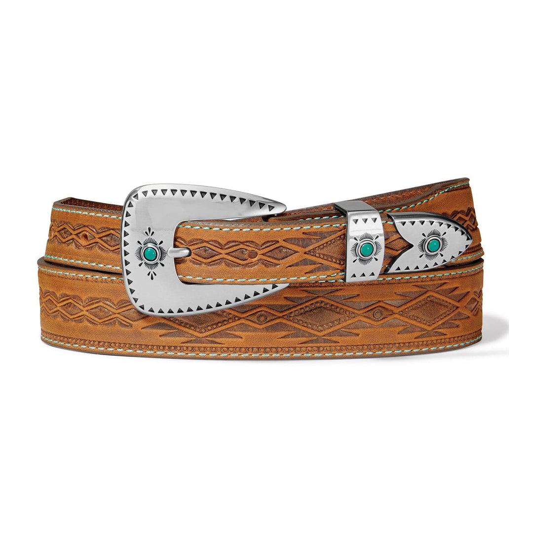 Brighton Dakota brown leather belt with turquoise accents and silver western buckle set