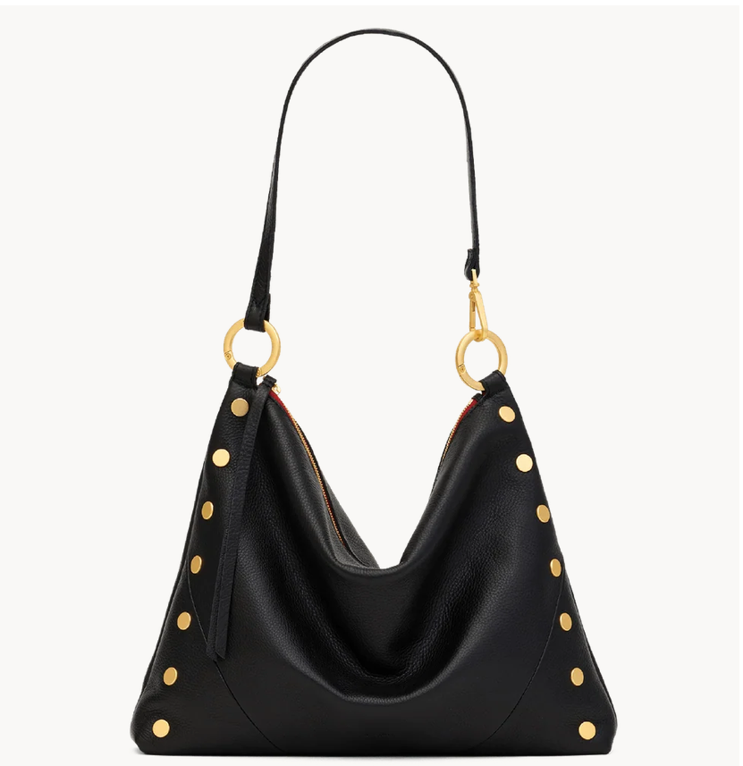 Hammitt Kyle Large black leather hobo bag with gold studs and ring hardware