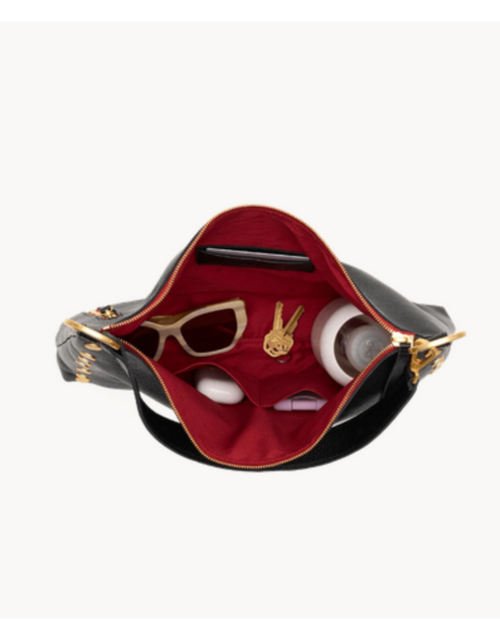Hammitt Kyle Large black bag open interior view showing red lining and gold hardware