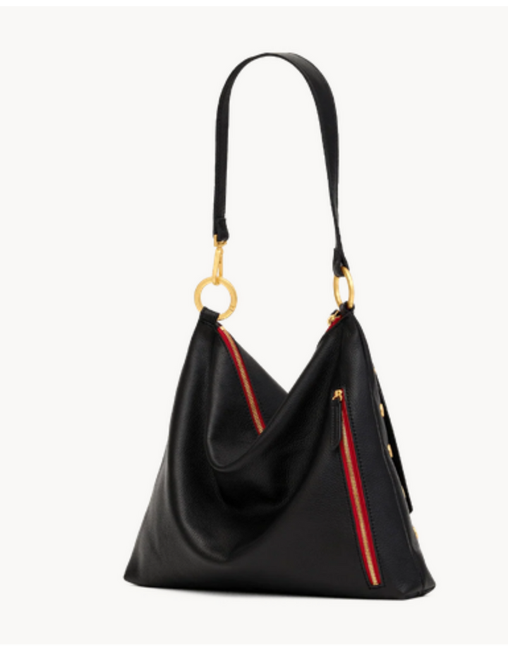 Hammitt Kyle Large black leather hobo bag with gold ring hardware and red zip detail