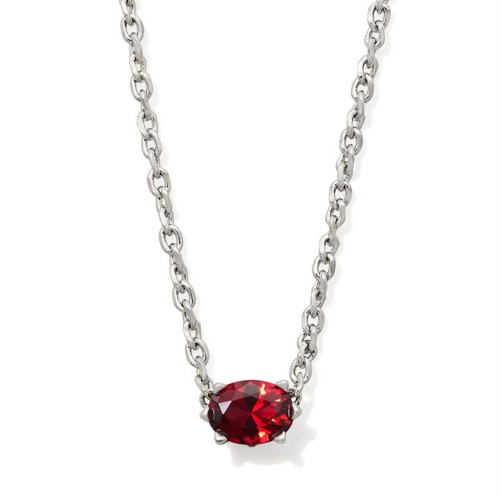 Kendra Scott Cailin Silver Pendant Necklace featuring a deep red crystal solitaire stone