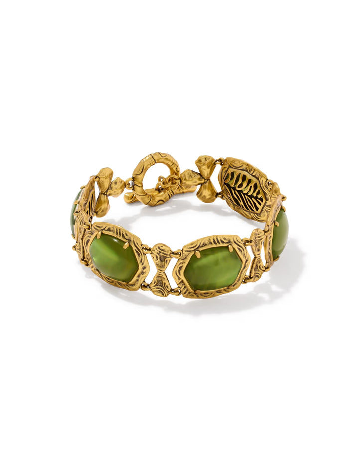 Kendra Scott: Tiger Striped Daphne Statement Bracelet in Vintage Gold Chartreuse Green Mother of Pearl (9608805517)
