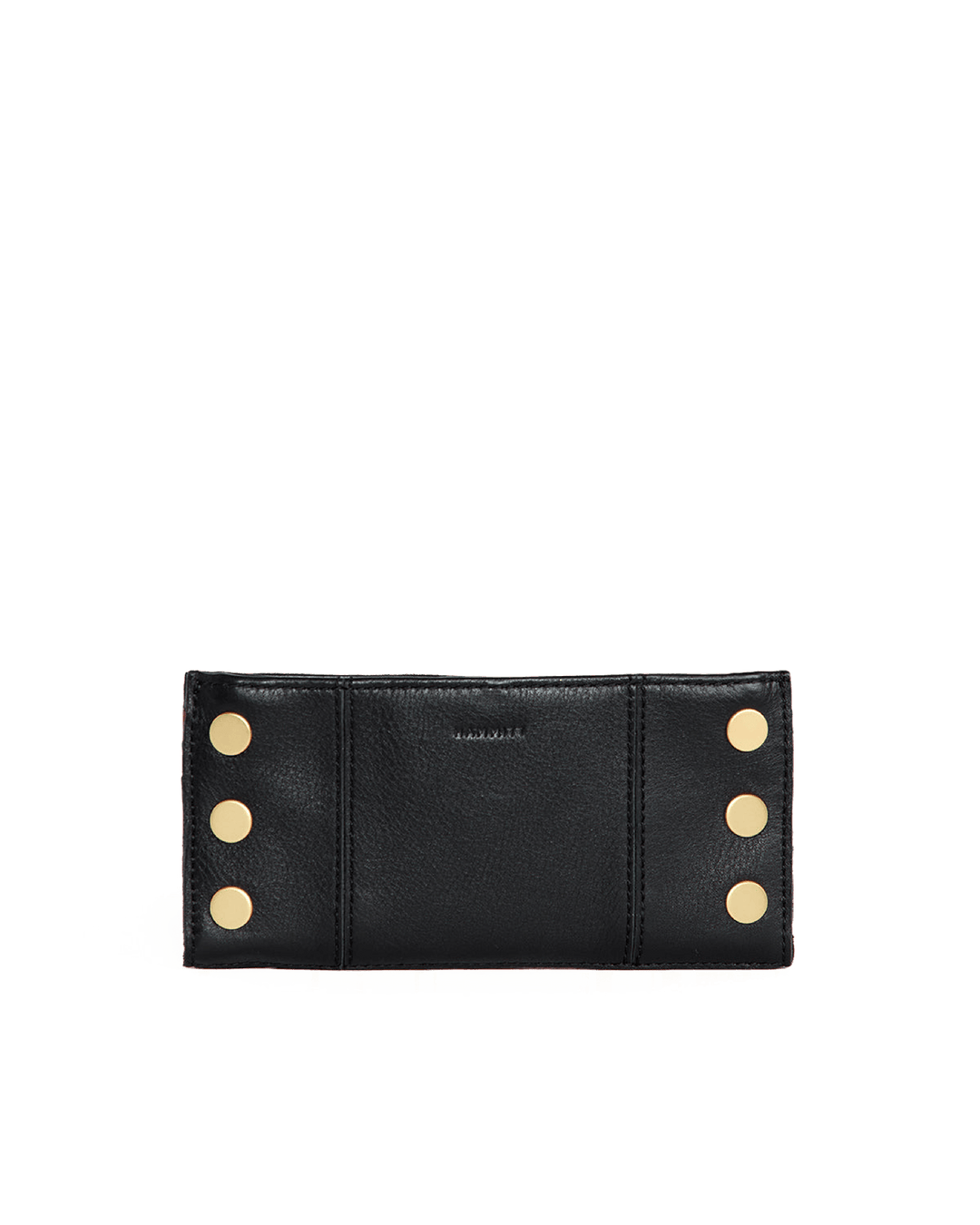 Hammitt 110 North wallet in black leather with gold stud hardware, back view
