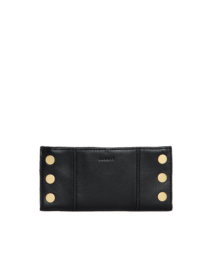 Hammitt 110 North wallet in black leather with gold stud hardware, back view