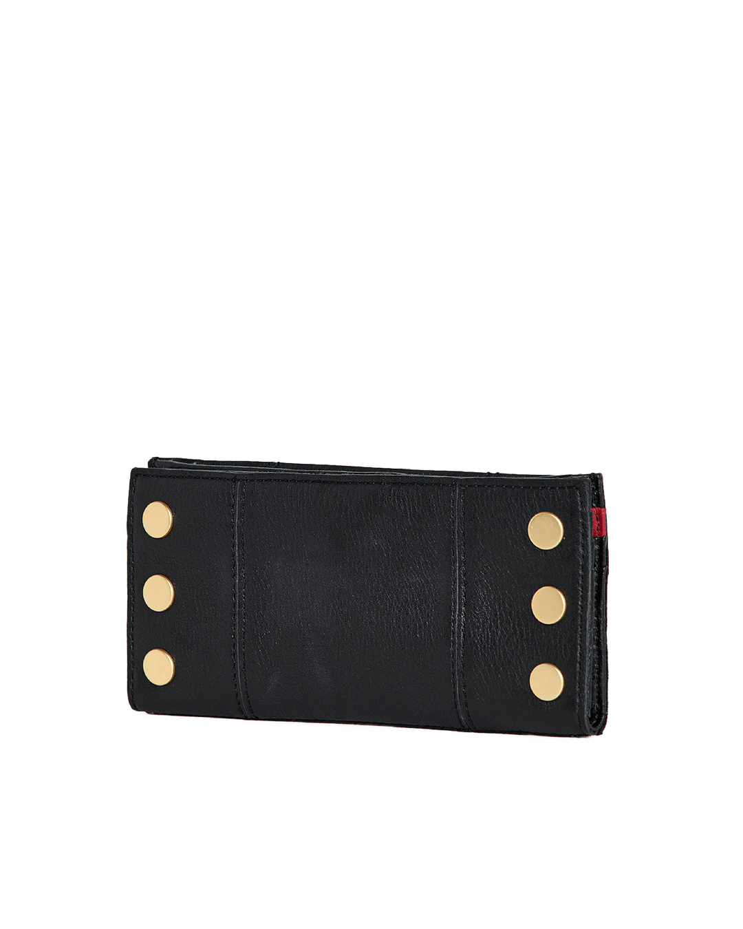 Hammitt 110 North wallet in black leather with gold studs and red zip accent, back view