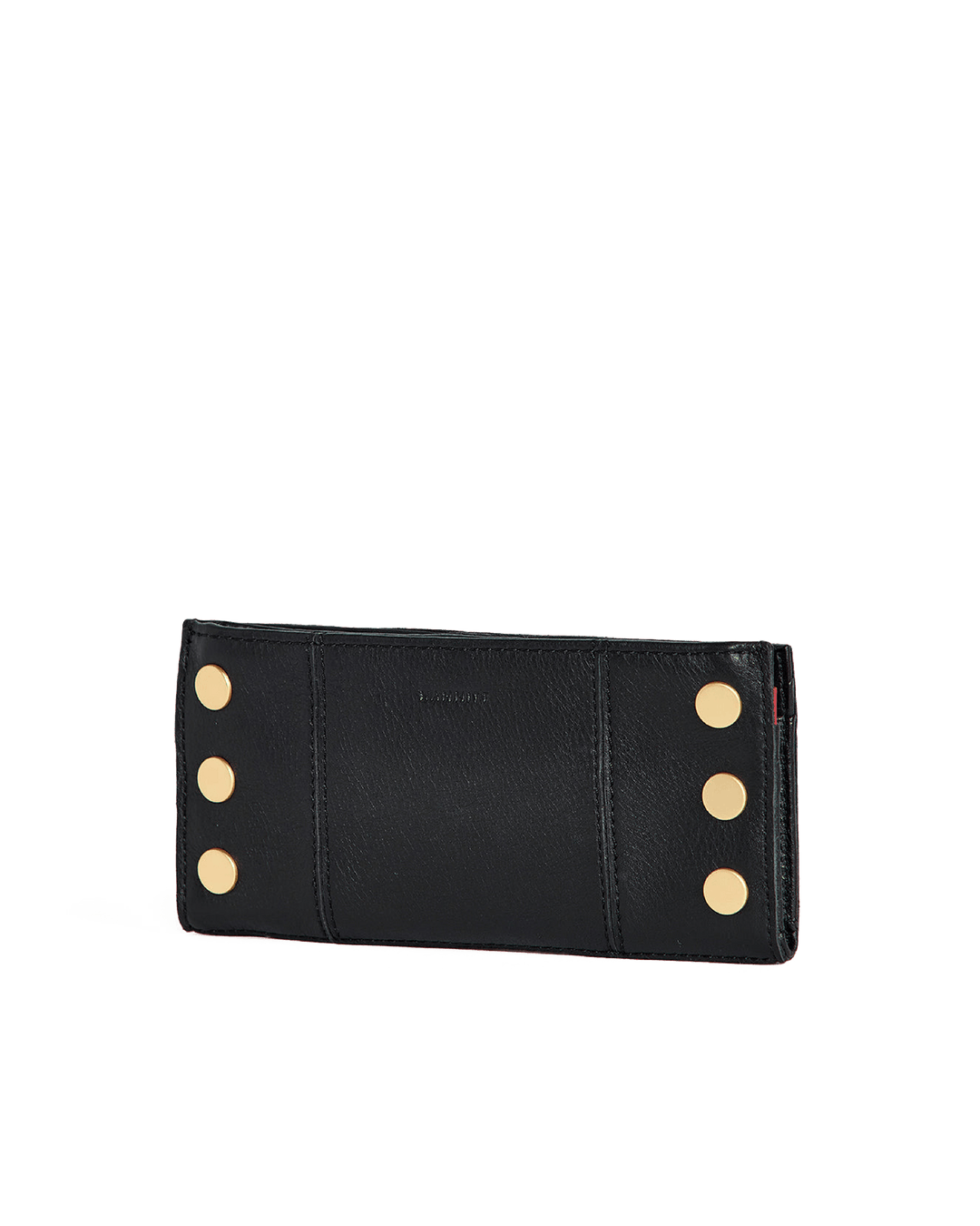 Hammitt 110 North wallet in black leather with gold studs and red zip detail, back view