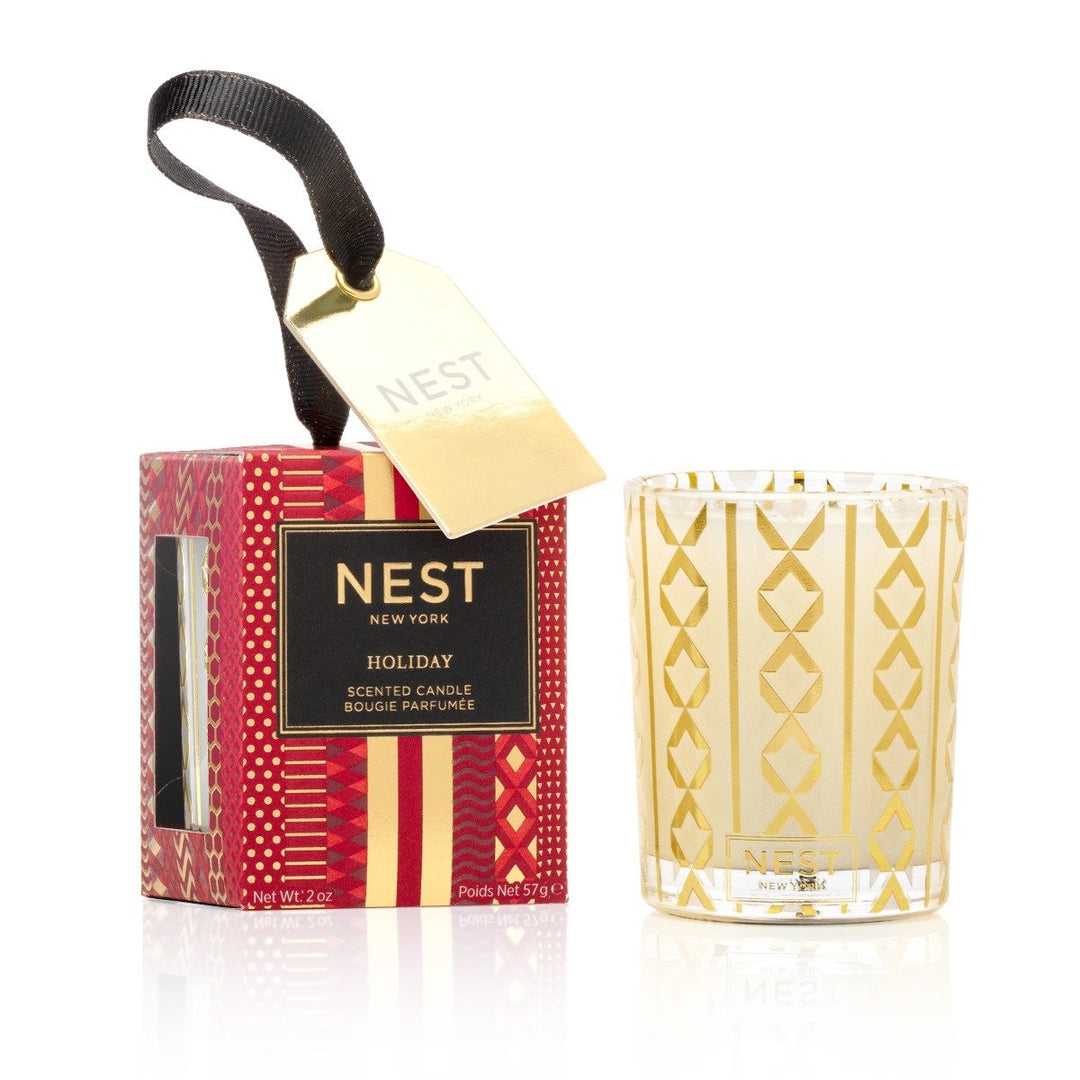 NEST New York Holiday Ornament Votive candle with festive red gold box and ribbon tag