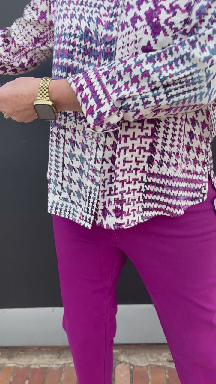 Multiples: Woven 3/4 Sleeve Button Front Shirt in Multi (M46501BM)