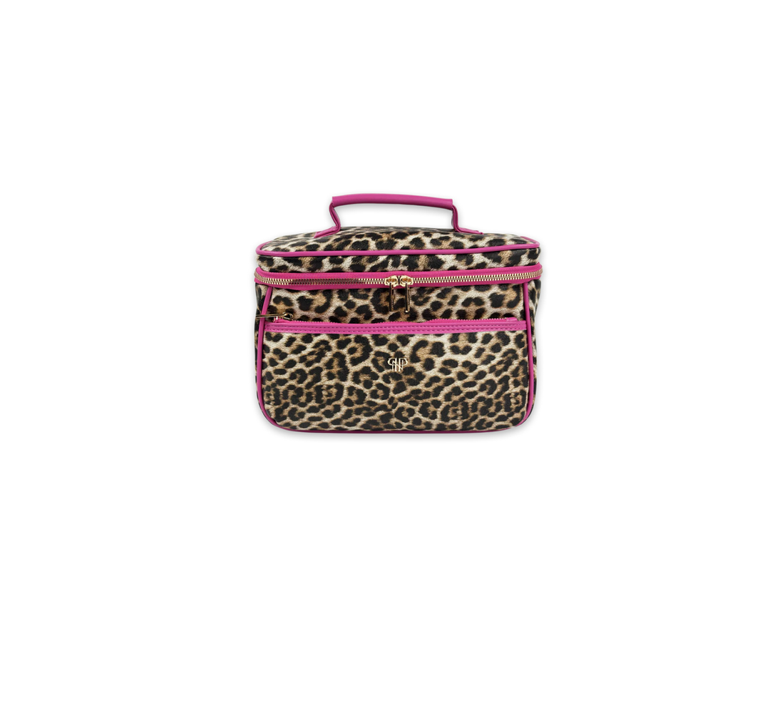 PurseN Train Case in Fierce Leopard print with hot pink trim and gold zipper hardware