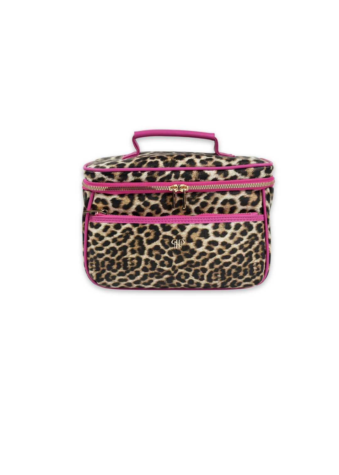PurseN Train Case in Fierce Leopard print with hot pink trim and gold zipper hardware