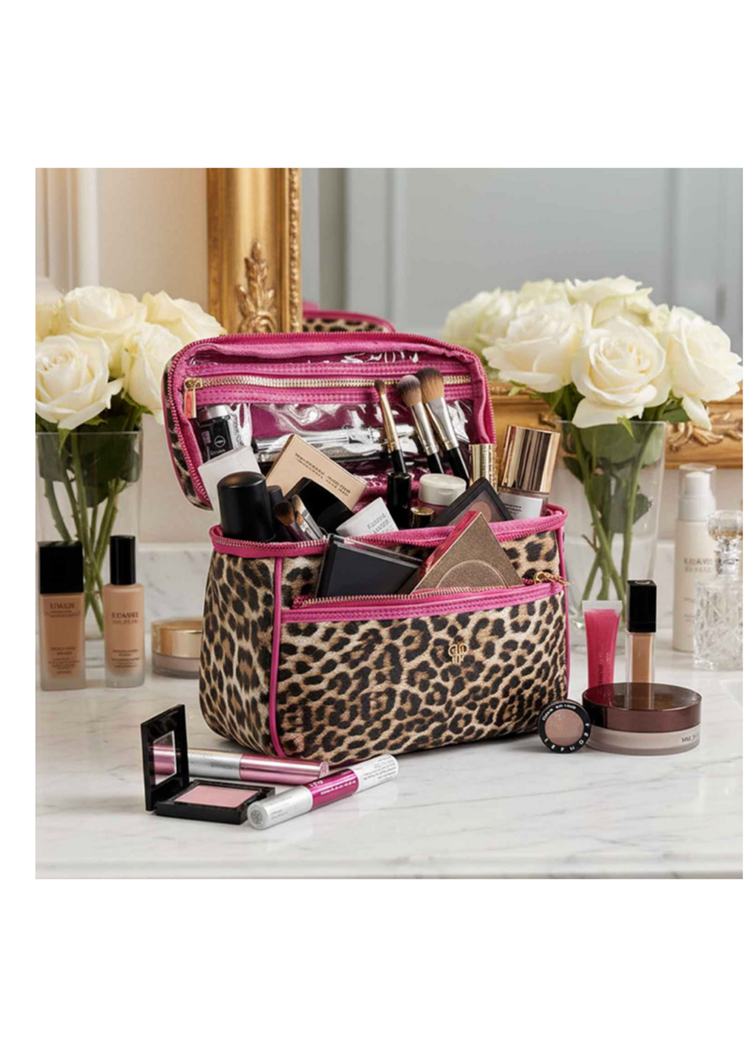 PurseN Train Case in Fierce Leopard print with pink trim, open and filled with makeup products
