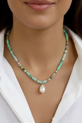 Farrah b: SOCIAL HOUR Necklaces Turquoise Necklace with Pearl Drop  (YN83)
