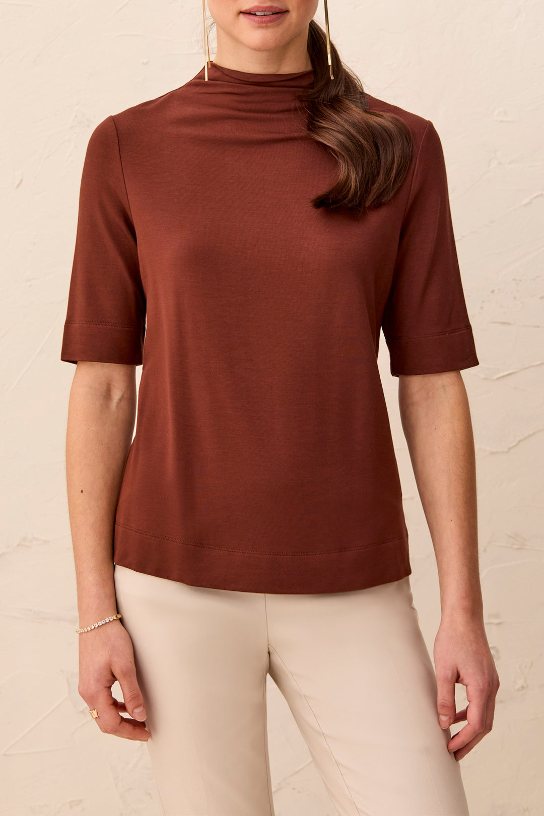 Tribal: Funnel Neck Elbow Sleeve Knit Top in Rusticbrown (6310O-5125)