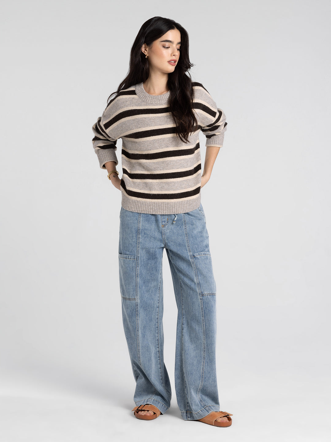 Thread & Supply: Montgomery Sweater in Grey Brown Stripe (T7236SWTS)